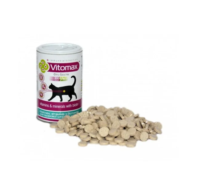 Витамины Vitomax для оздоровления блестящей шерсти кошек, 300 таб