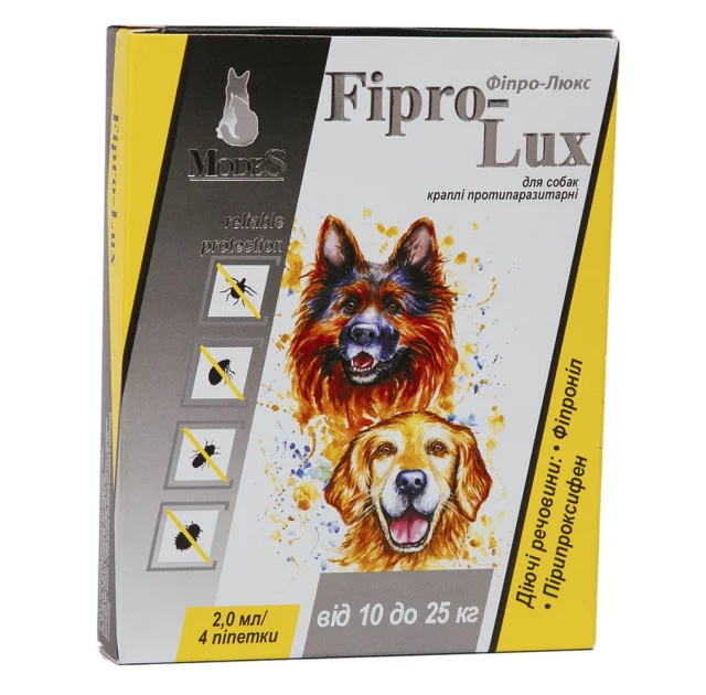 Капли Modes Fipro-Lux противопаразитарные для собак весом 10-25 кг, 2 мл, цена за 1 пипетку