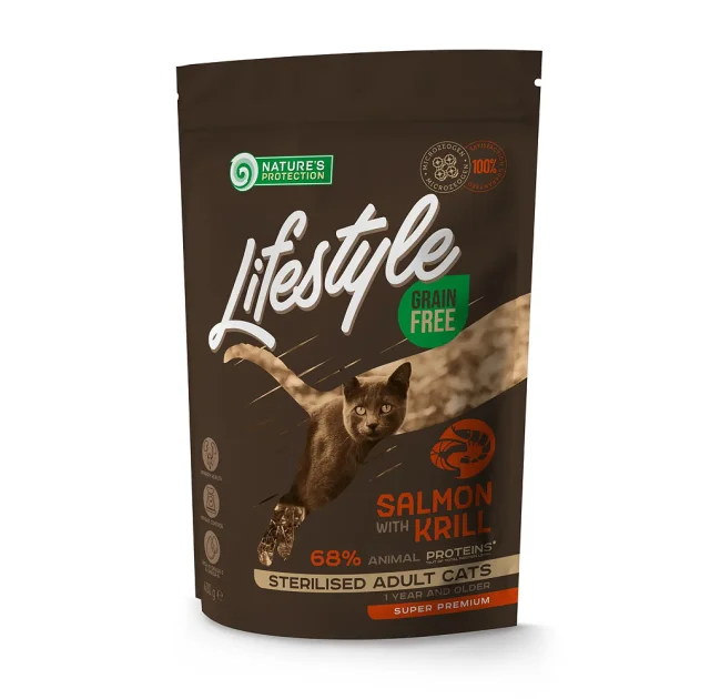 Беззерновий сухий корм Natures Protection Lifestyle Sterilised для стерилізованих котів, з лососем та крилем, 400 г
