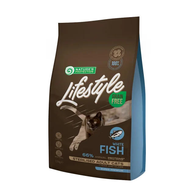Беззерновой сухой корм Natures Protection Lifestyle Sterilised для стерилизованных кошек с белой рыбой, 1.5 кг