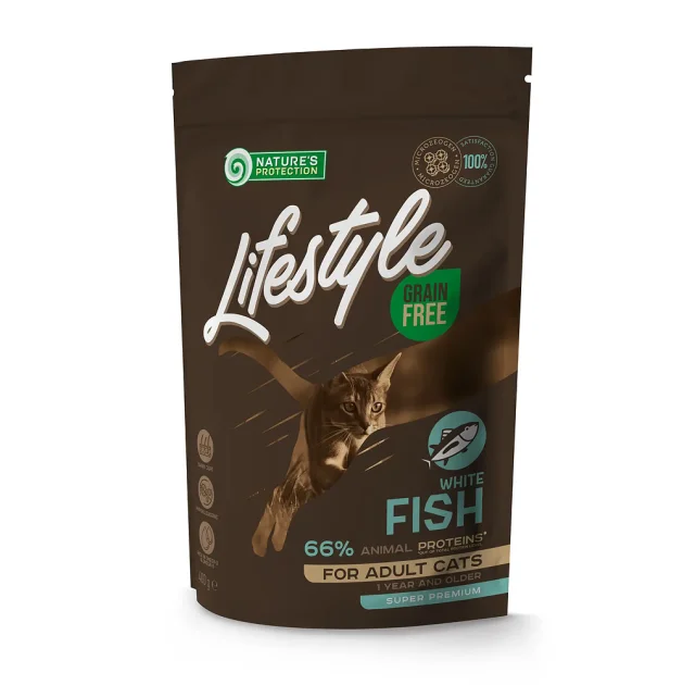 Беззерновой сухой корм Natures Protection Lifestyle Adult Cat White Fish для взрослых кошек, с белой рыбой, 400 г