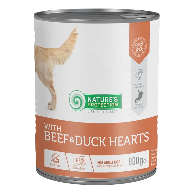 Консерви Natures Protection Adult Beef&Duck Hearts для собак, з яловичиною та качиним серцем, 800 г