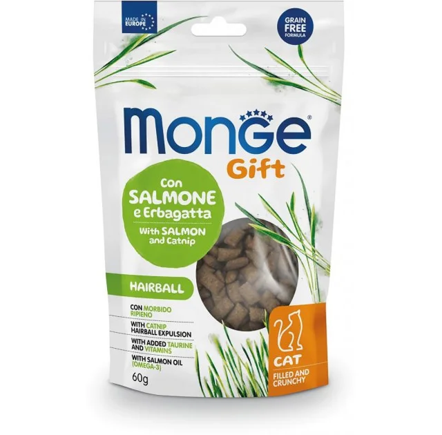 Ласощі Monge Gift Cat Hairball для котів, від шерстяних грудок, лосось і котяча м'ята, 60 г