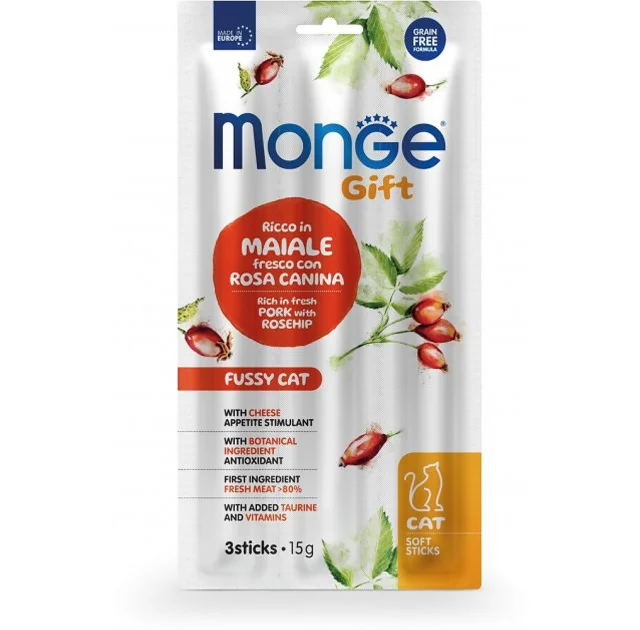 Лакомство Monge Gift Fussy Cat для кошек, свинина с шиповником и сыром, 15 г