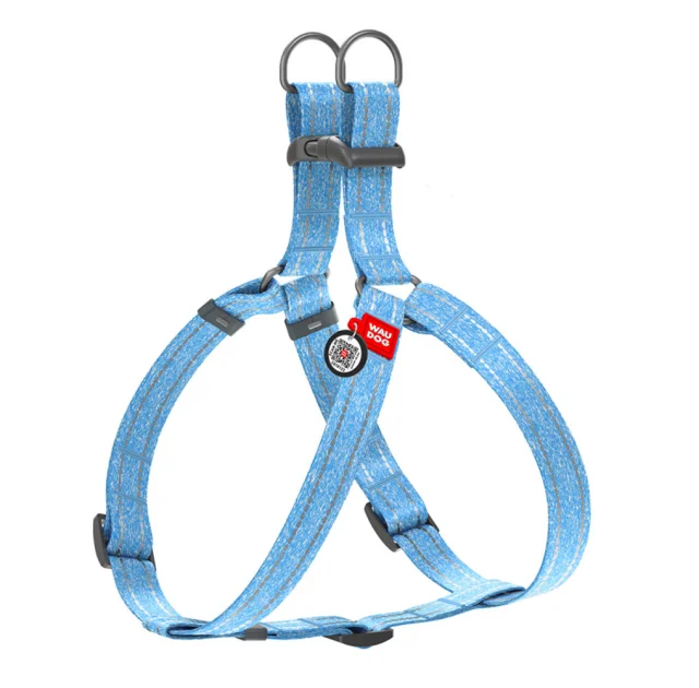 Шлея светоотражающая WAUDOG Re-cotton для собак, с QR паспортом, хлопок/пластик, S, 15 мм/40-55 см, голубой