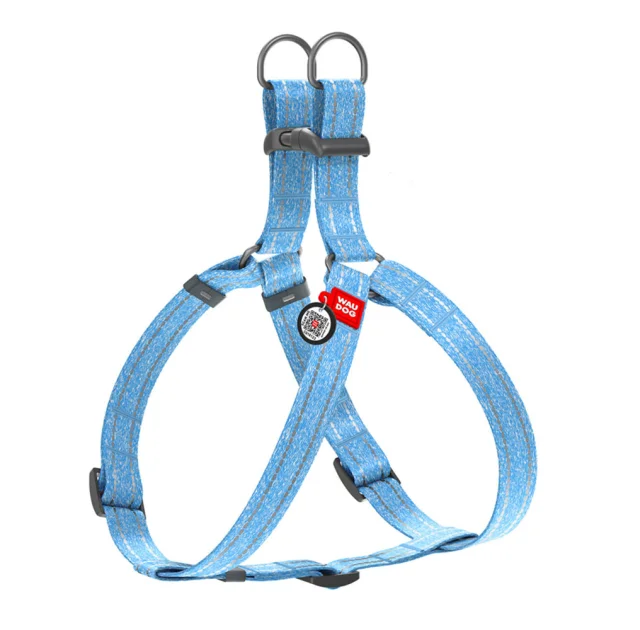 Шлея светоотражающая WAUDOG Re-cotton для собак, с QR паспортом, хлопок/пластик, L, 25 мм/60-90 см, голубой