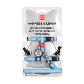 Шлея с поводком светоотражающие WAUDOG Re-cotton для кошек, с QR паспортом, хлопок, XS, голубой