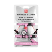 Шлея с поводком светоотражающие WAUDOG Re-cotton для кошек, с QR паспортом, хлопок, XS, розовый