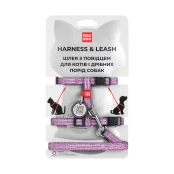 Шлея с поводком светоотражающие WAUDOG Re-cotton для кошек, с QR паспортом, хлопок, XS, фиолетовый