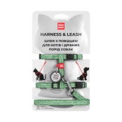 Шлея с поводком светоотражающие WAUDOG Re-cotton для кошек, с QR паспортом, хлопок, XS, зеленый