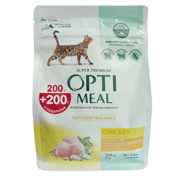 Сухий корм Optimeal для дорослих котів, з куркою, 200+200 г