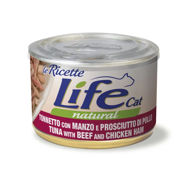 Консерви LifeCat Tuna With Beef And Chicken Ham для дорослих котів, тунець з яловичиною та лососем, 150 г
