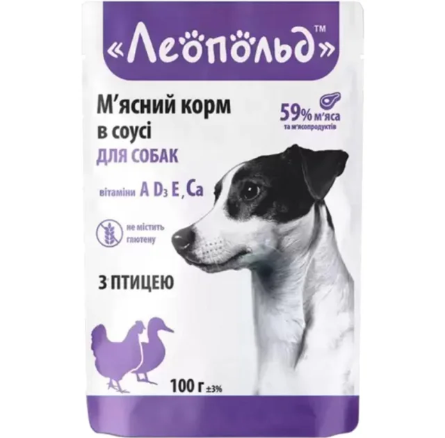 Вологий корм Леопольд м'ясний для собак, з птицею, в соусі, 100 г