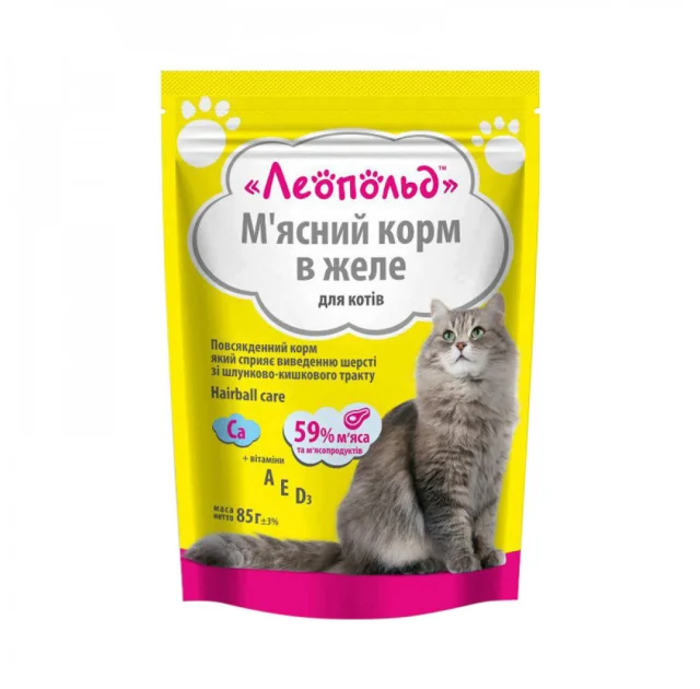Влажный корм Леопольд мясной корм для кошек, для выведения шерсти, с говядиной, в желе, 85 г