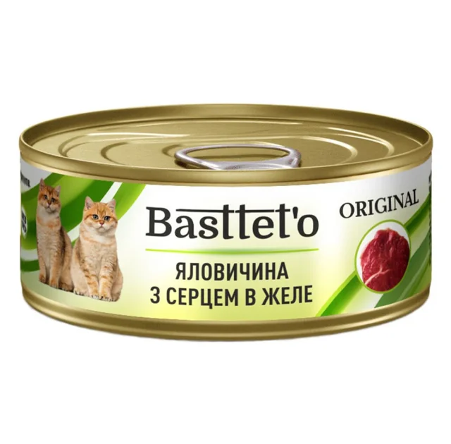 Вологий корм Bastteto для котів, з яловичиною з серцем в желе, 85 г