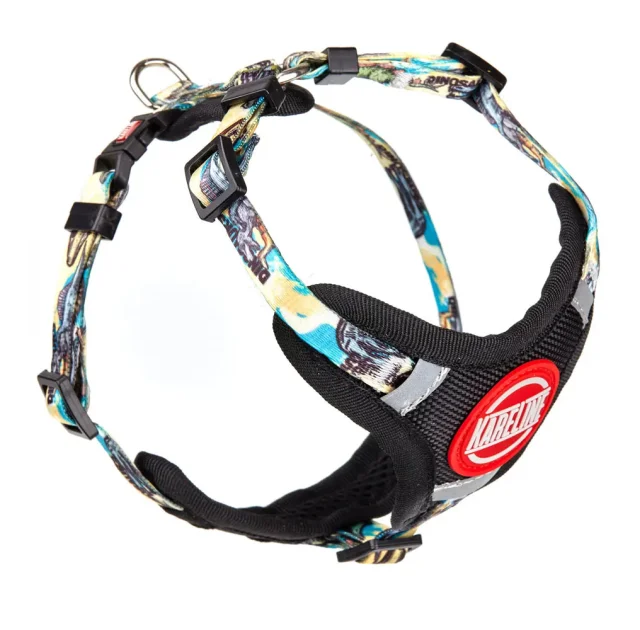 Шлея Kareline для собак, нейлон, с логотипом и пластиковой пряжкой, узор Dino, 1×22-30 см/28-38 см