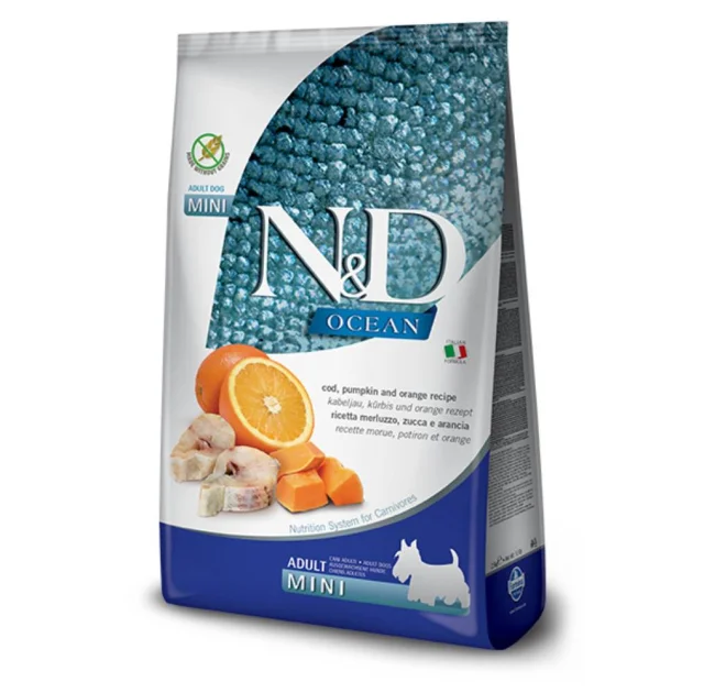 Беззерновий сухий корм Farmina N&D Ocean Adult Mini для дорослих собак дрібних порід, з тріскою, гарбузом та апельсином, 2.5 кг