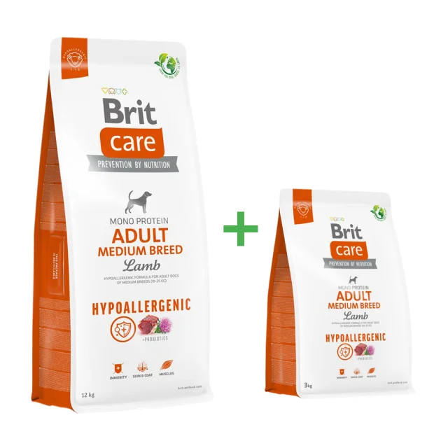 Сухий корм Brit Care Dog Hypoallergenic Adult Medium Breed для дорослих собак середніх порід, з ягням, акція 12 + 3 кг