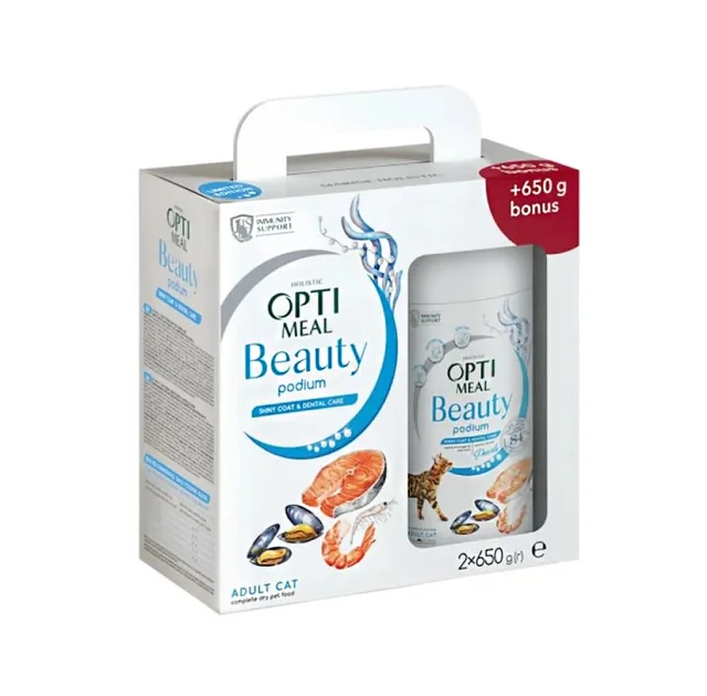 Сухий корм Optimeal Beauty Podium для котів, догляд за шерстю та зубами, на основі морепродуктів, 650+650 г