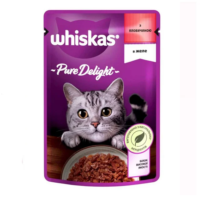Вологий корм Whiskas Pure Delight для котів, яловичина в желе, 85 г