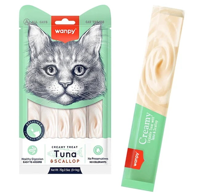 Ласощі Wanpy Creamy Lickable Treats Tuna&Scallop з тунцем, морським гребінцем, вітамінами і таурином, для котів, 5×14 г