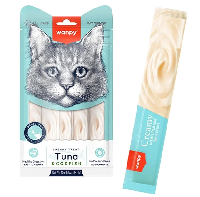 Ласощі Wanpy Creamy Lickable Treats Tuna&Codfish з тунцем, тріскою, вітамінами і таурином, для котів, 5×14 г