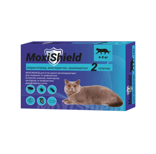 Краплі на холку MoxiShield протипаразитарні, для котів вагою 4-8 кг, 0.8 мл, 2 піпетки