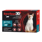 Капли от блох и клещей Secfour 3D для кошек весом до 4 кг, 0.5 мл, 2 пипетки