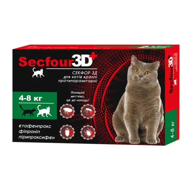 Краплі від бліх і кліщів Secfour 3D для котів вагою 4-8 кг, 1 мл, 2 піпетки