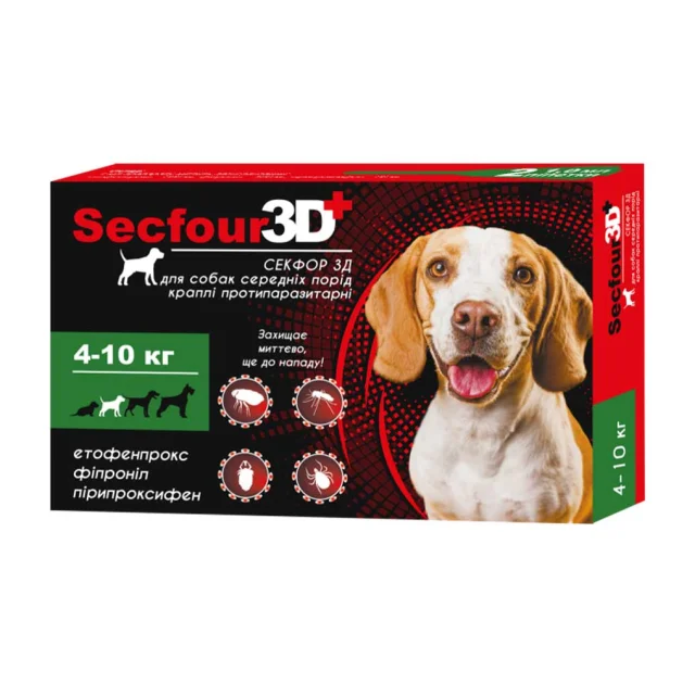 Капли от блох и клещей Secfour 3D для собак весом 4-10 кг, 1 мл, 2 пипетки