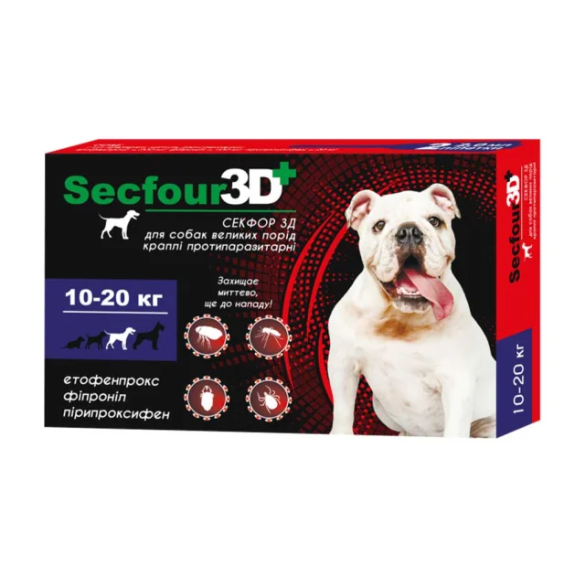 Капли от блох и клещей Secfour 3D для собак весом 10-20 кг, 2 мл, 2 пипетки