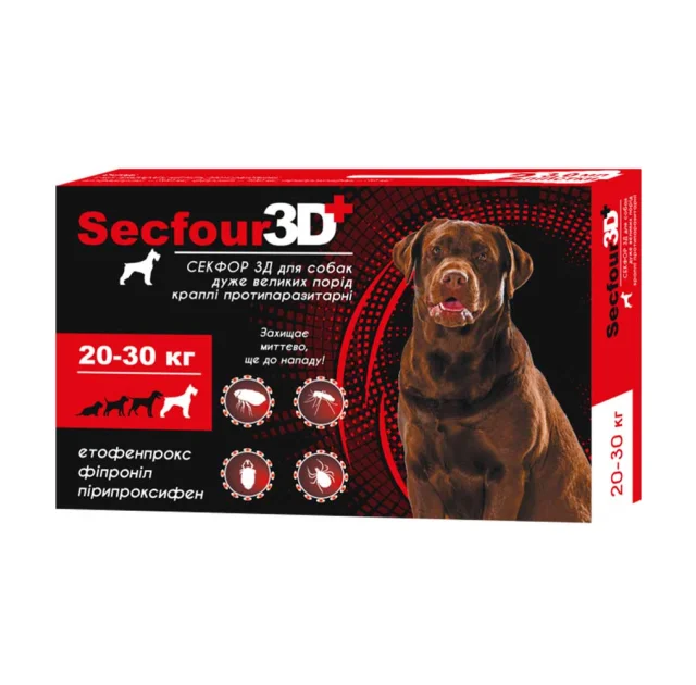 Краплі від бліх і кліщів Secfour 3D для собак вагою 20-30 кг, 3 мл, 2 піпетки