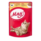 Вологий корм Мяу для котів, повнораціонний, консервований, з куркою в ніжному соусі, 85 г