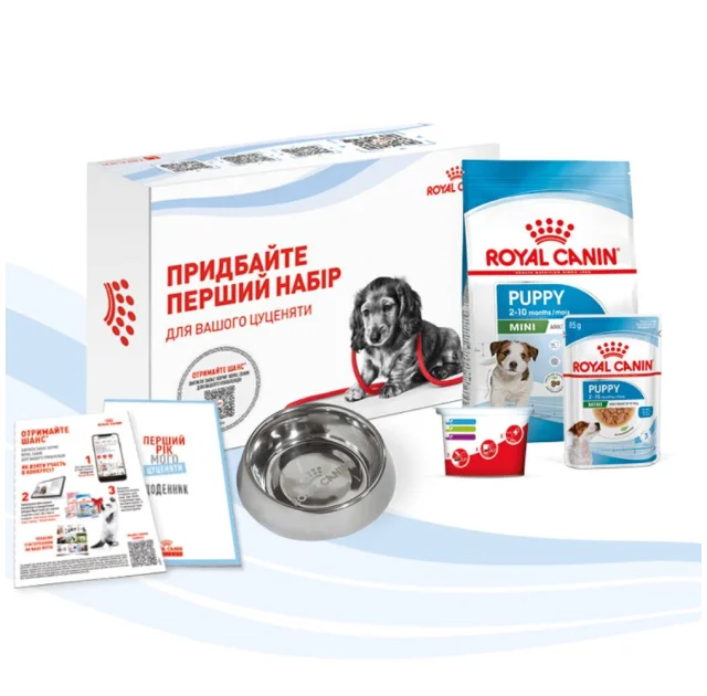 Стартовый набор Royal Canin Mini Puppy для щенков малых пород, миска, мерный стаканчик, дневник, сухой и влажный корм, 500 г + 85 г