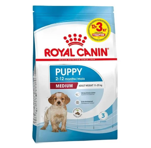 Сухий корм Royal Canin Medium Puppy для цуценят середніх порід до 12 місяців, 12 кг + 3 кг у подарунок
