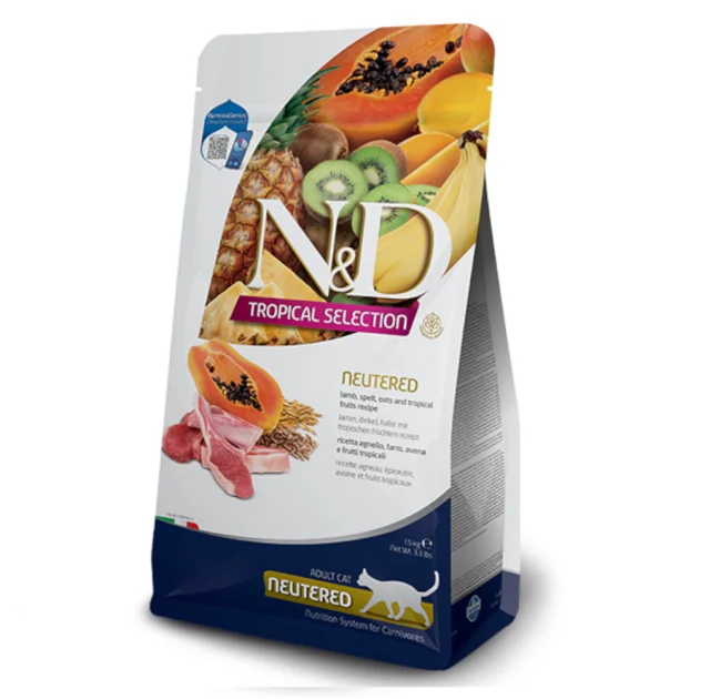 Сухий низькозерновий корм Farmina N&D TROPICAL SELECTION для стерилізованих дорослих котів, з ягням та тропічними фруктами, 300 г