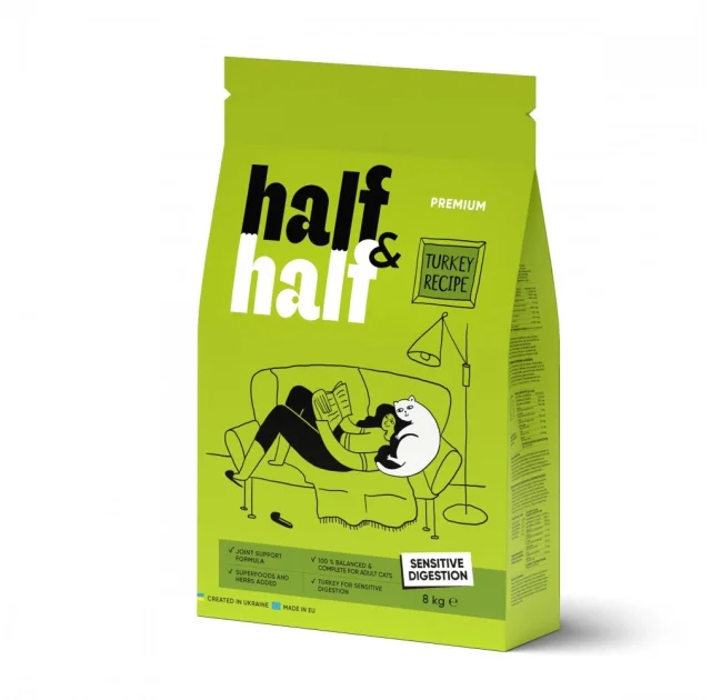 Сухой корм Half&Half для кошек с чувствительным пищеварением, с индейкой, 8 кг