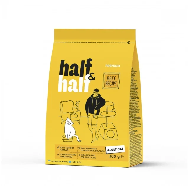 Сухий корм Half&Half для дорослих котів, з яловичиною, 300 г