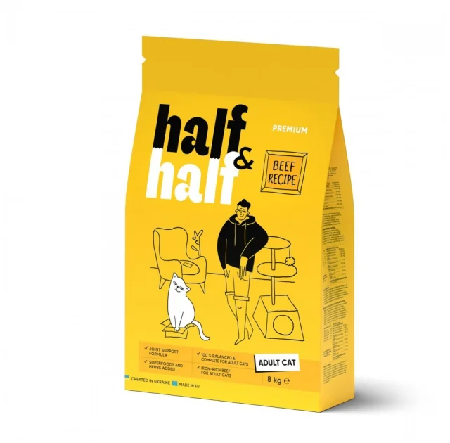 Сухий корм Half&Half для дорослих котів, з яловичиною, 8 кг