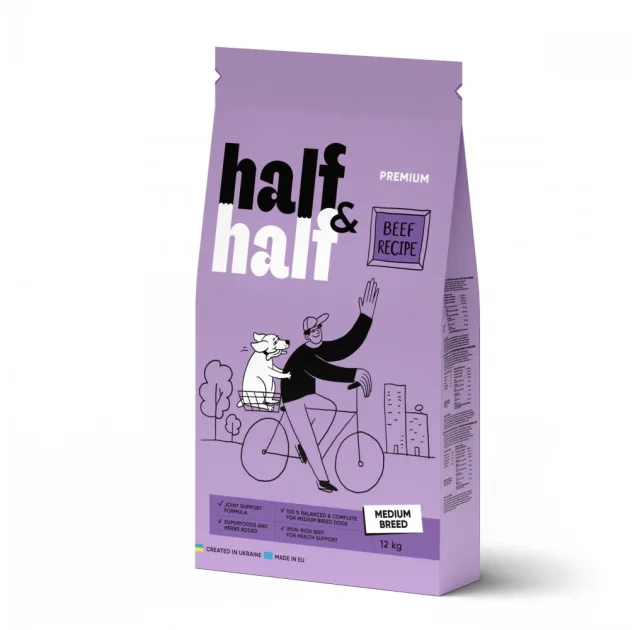 Сухой корм Half&Half для взрослых собак средних пород, с говядиной, 12 кг