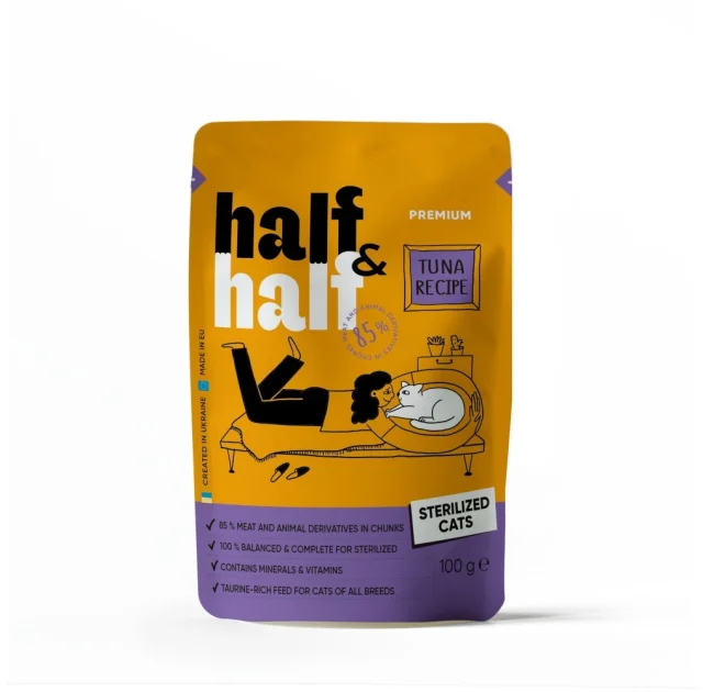 Вологий корм Half&Half для стерилізованих котів, шматочки з тунцем у соусі, пауч, 100 г