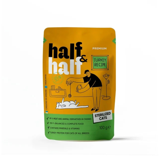 Вологий корм Half&Half для стерилізованих котів, шматочки з індичкою у желе, пауч, 100 г