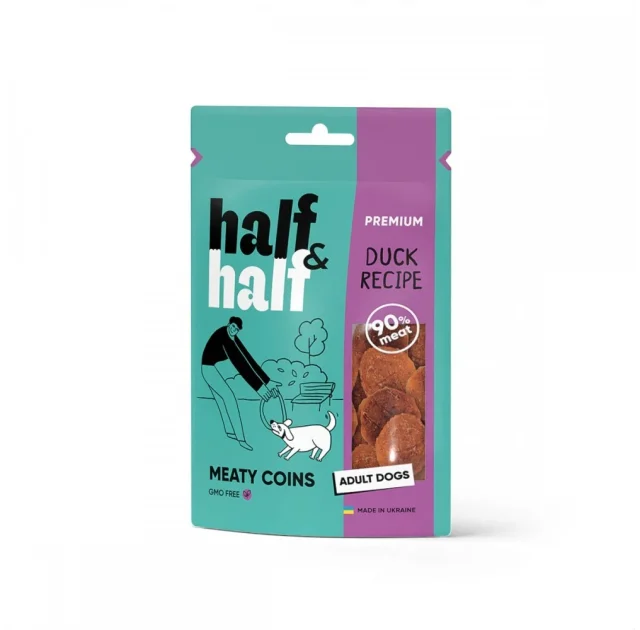 Ласощі Half&Half для собак, у формі м'ясних монеток, з качкою, 100 г