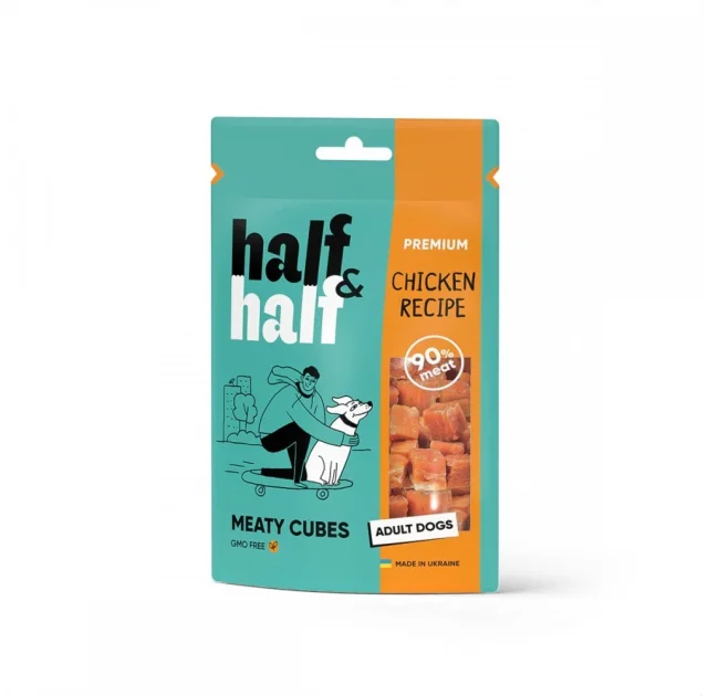 Ласощі Half&Half для собак, у формі м'ясних кубиків, з куркою, 100 г