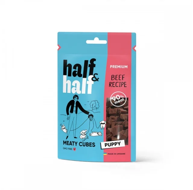 Ласощі Half&Half для цуценят, у формі м'ясних кубиків, з яловичиною, 100 г