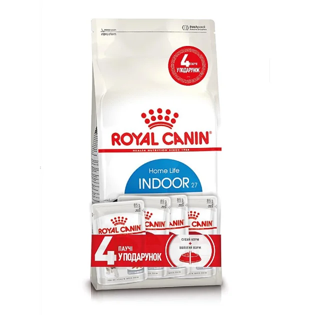 Акционный набор Royal Canin Indoor Long Hair для длинношерстных кошек постоянно живущих в помещении, 2 кг + 4 пауча в подарок