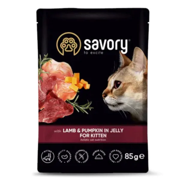 Влажный корм Savory Lamb&Pumpkin Jelly Kitten Cat для котят, ягненок с тыквой, в желе, пауч, 85 г