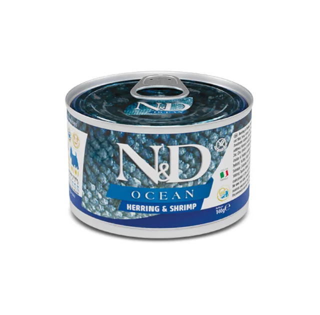 Влажный корм Farmina N&D Grain Free OCEAN HERRING & SHRIMP ADULT MINI для собак мелких пород с сельдью, треской, тунцом и креветкой, 140 г