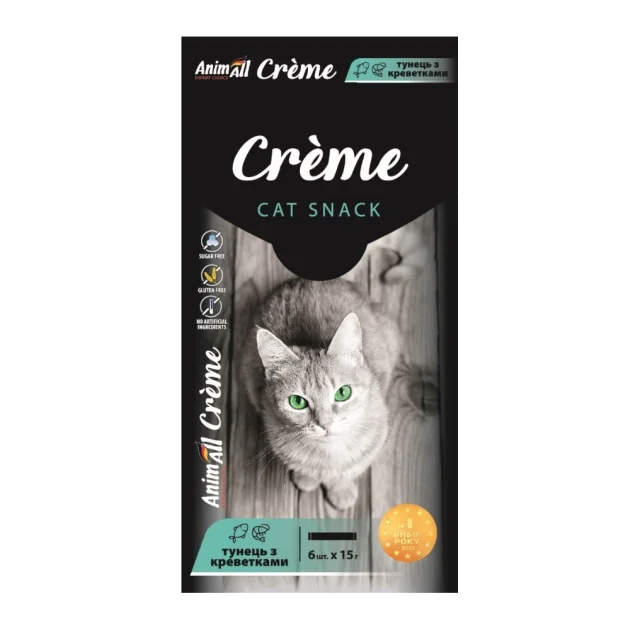 Ласощі AnimAll Сrème для котів, зі смаком тунець з креветками, 6×15 г