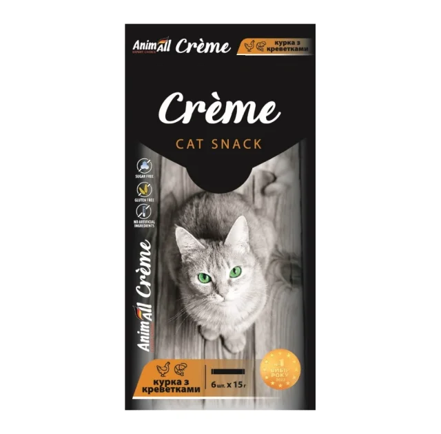 Ласощі AnimAll Сrème для котів, зі смаком курки з креветками, 6×15 г